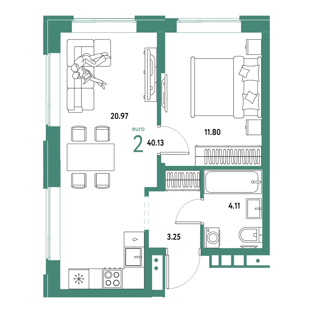 Планировка: Домашний 2-комнатная 40,13м²