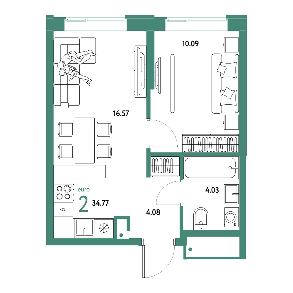Планировка: Домашний 2-комнатная 34,77м²