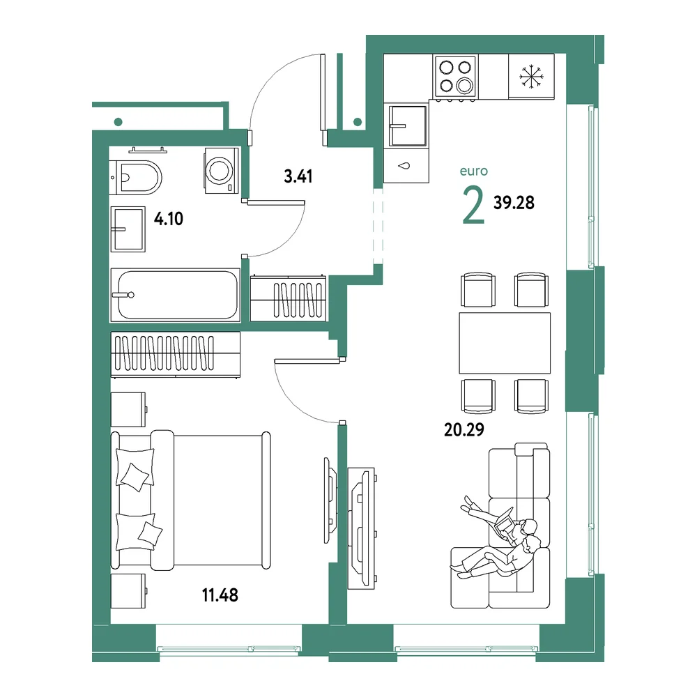 Планировка: Домашний 2-комнатная 39,28м²
