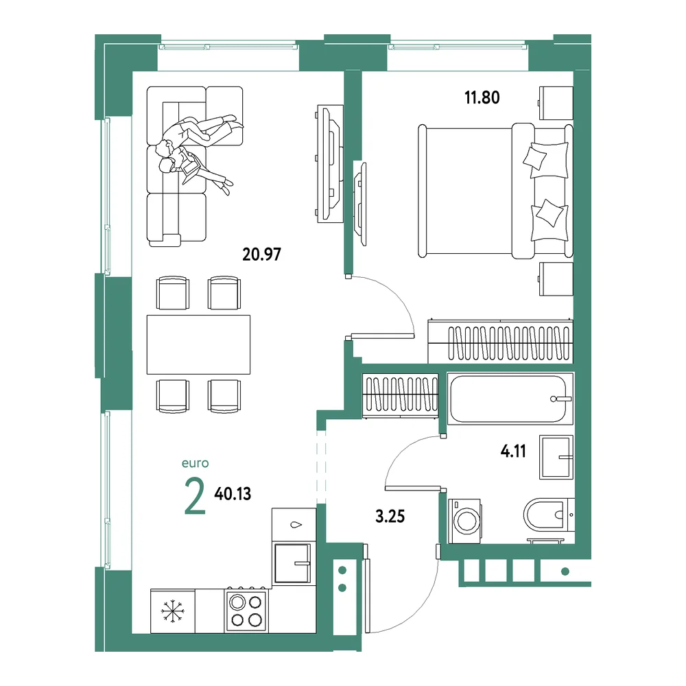 Планировка: Домашний 2-комнатная 40,13м²