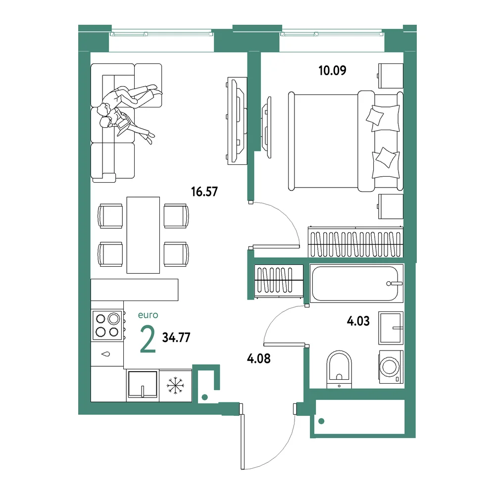 Планировка: Домашний 2-комнатная 34,77м²
