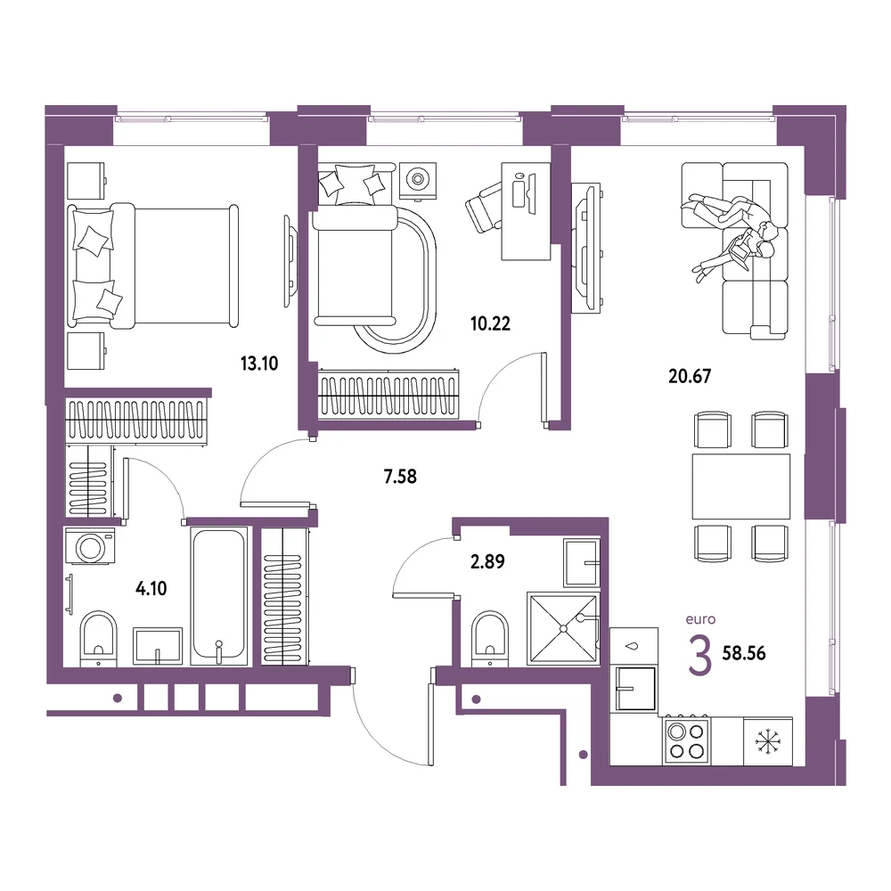 Планировка: Домашний 3-комнатная 58,56м²