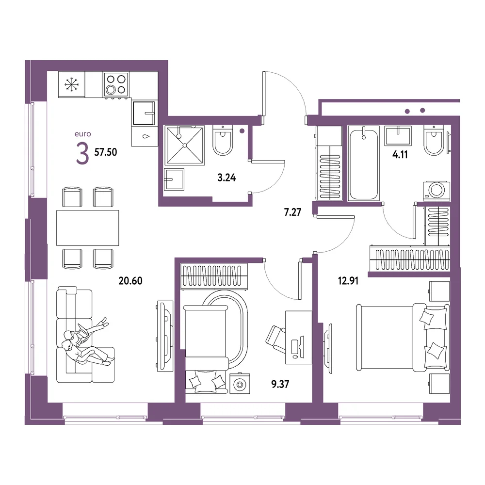 Планировка: Домашний 3-комнатная 57,50м²