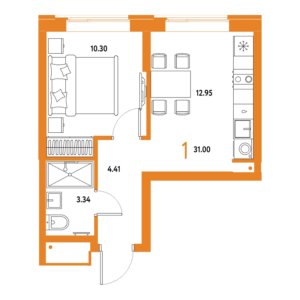 Планировка: Домашний 1-комнатная 31,00м²