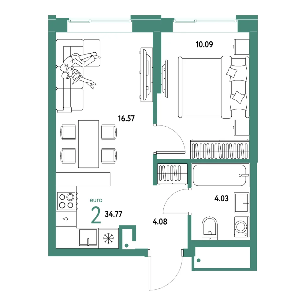 Планировка: Домашний 2-комнатная 34,77м²
