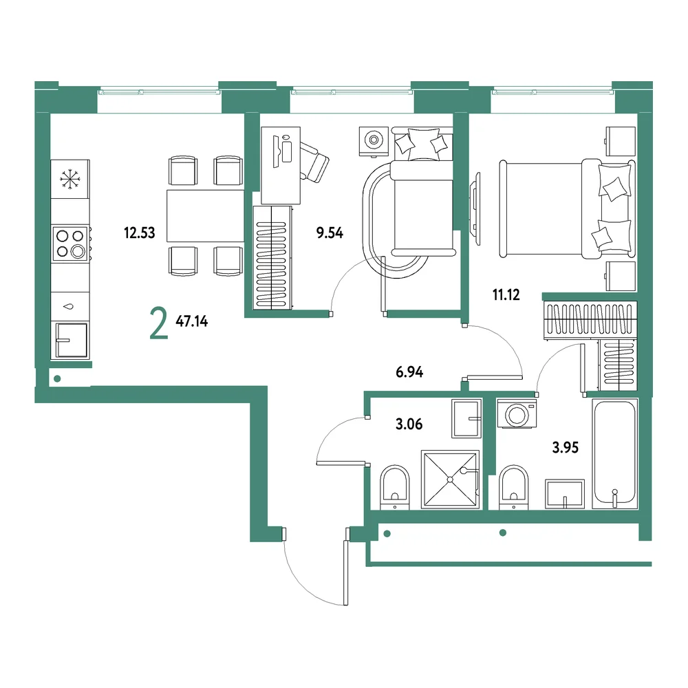 Планировка: Домашний 2-комнатная 47,14м²