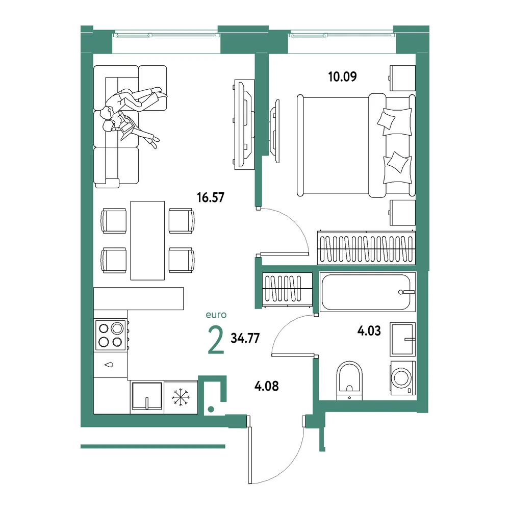 Планировка: Домашний 2-комнатная 34,77м²