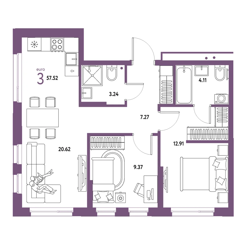 Планировка: Домашний 3-комнатная 57,52м²
