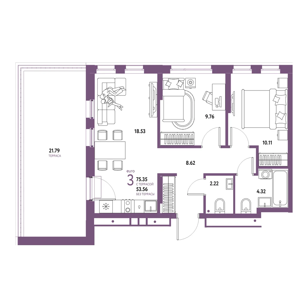 Планировка: Домашний 3-комнатная 75,35м²