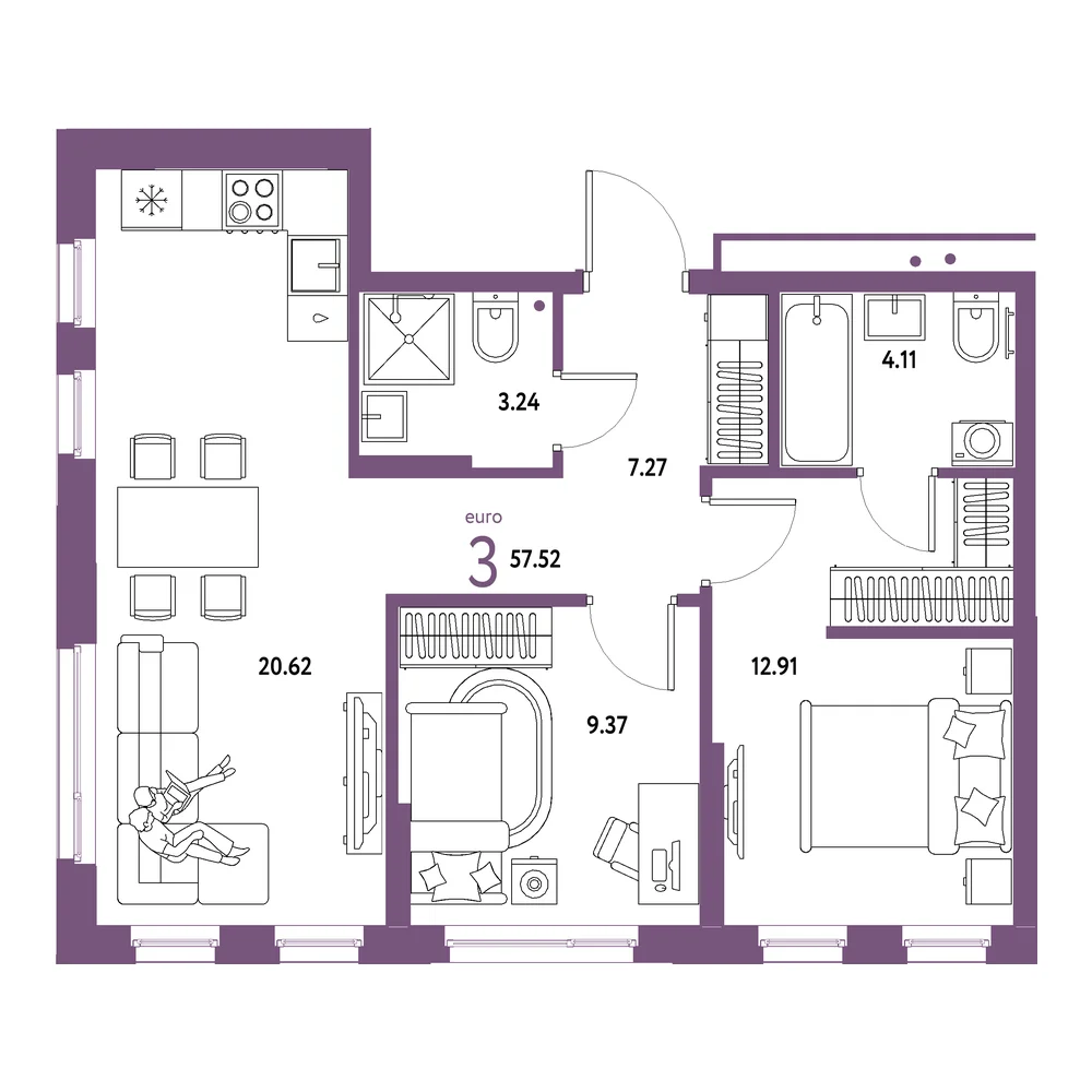 Планировка: Домашний 3-комнатная 57,52м²