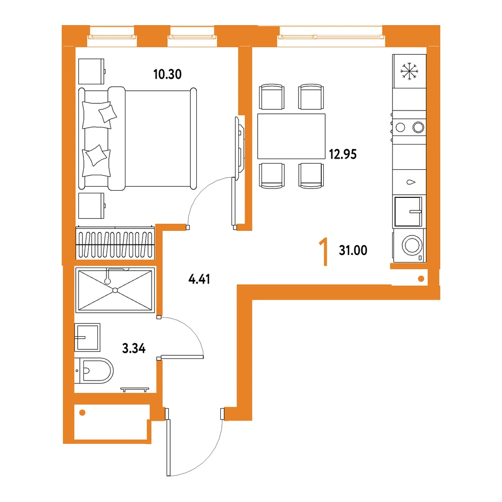 Планировка: Домашний 1-комнатная 31,00м²