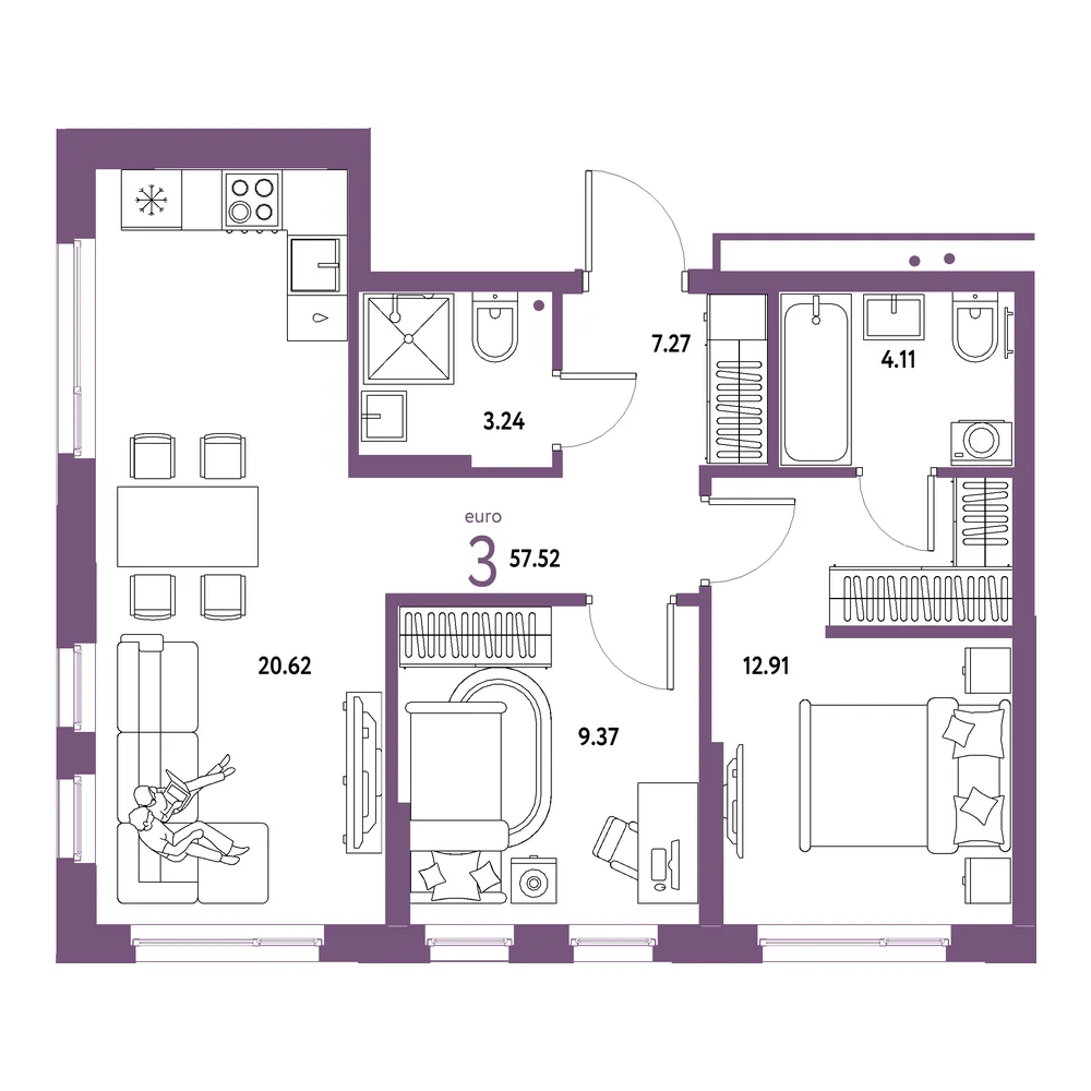 Планировка: Домашний 3-комнатная 57,52м²