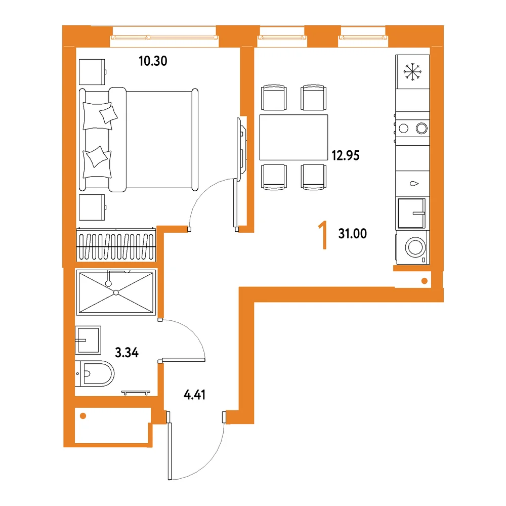 Планировка: Домашний 1-комнатная 31,00м²