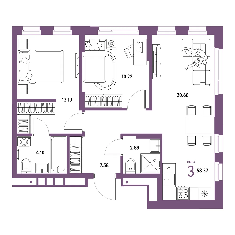 Планировка: Домашний 3-комнатная 58,57м²
