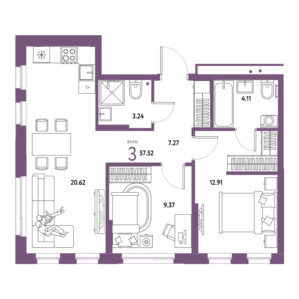 Планировка: Домашний 3-комнатная 57,52м²