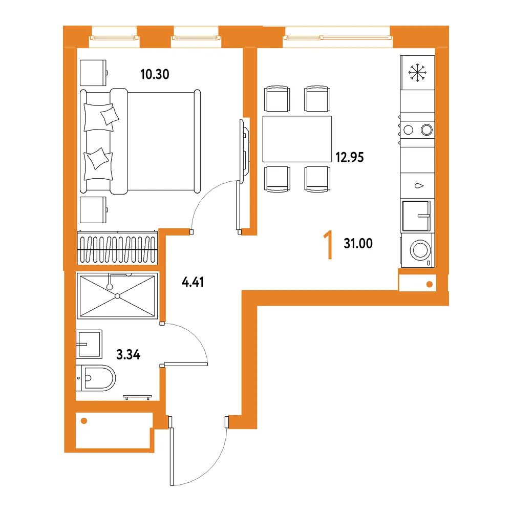 Планировка: Домашний 1-комнатная 31,00м²