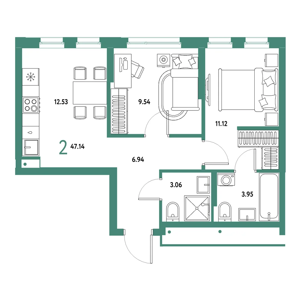 Планировка: Домашний 2-комнатная 47,14м²