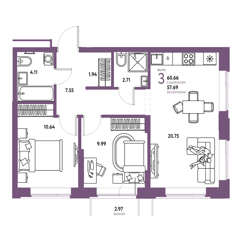 Планировка: Домашний 3-комнатная 60,66м²