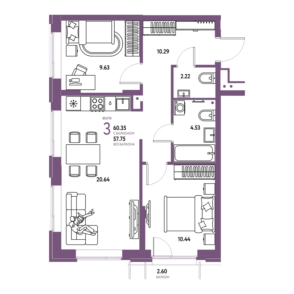 Планировка: Домашний 3-комнатная 60,35м²