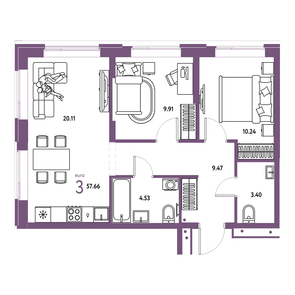 Планировка: Домашний 3-комнатная 57,66м²