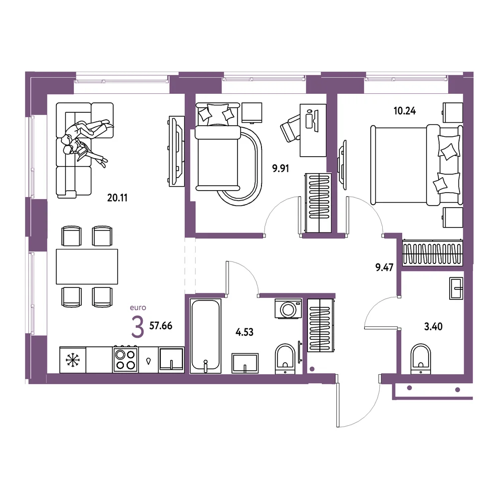 Планировка: Домашний 3-комнатная 57,66м²