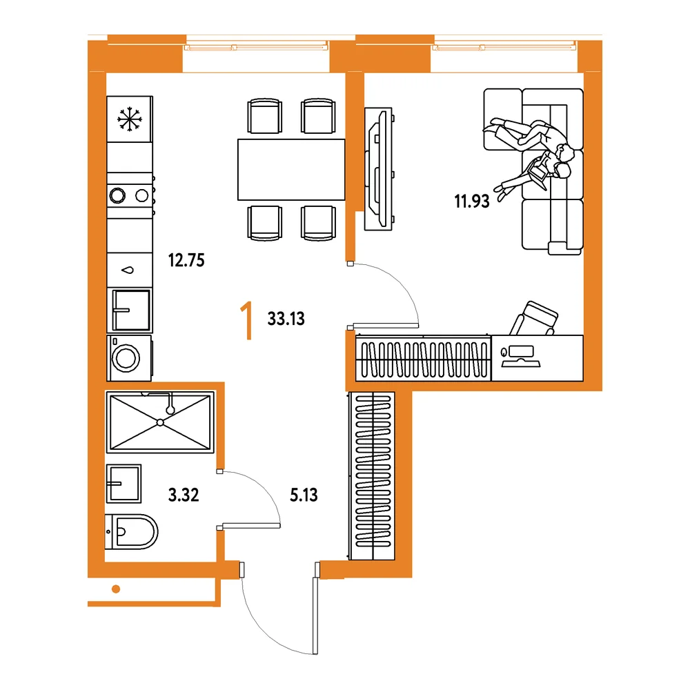 Планировка: Домашний 1-комнатная 33,13м²