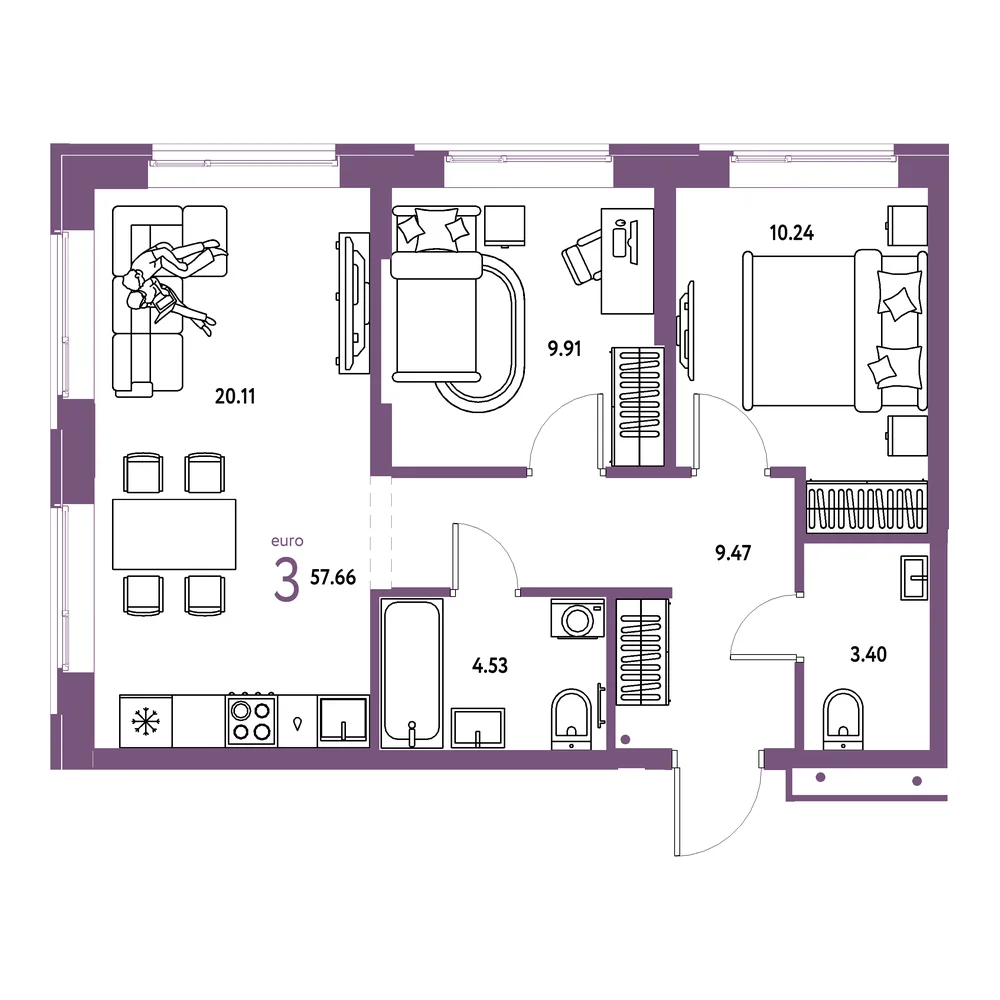 Планировка: Домашний 3-комнатная 57,66м²