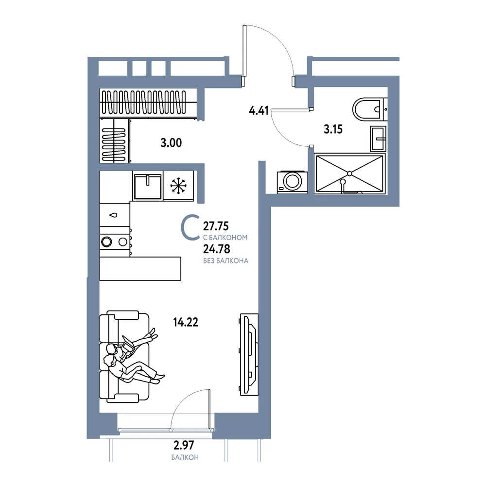 Планировка: Домашний Студия 27,75м²