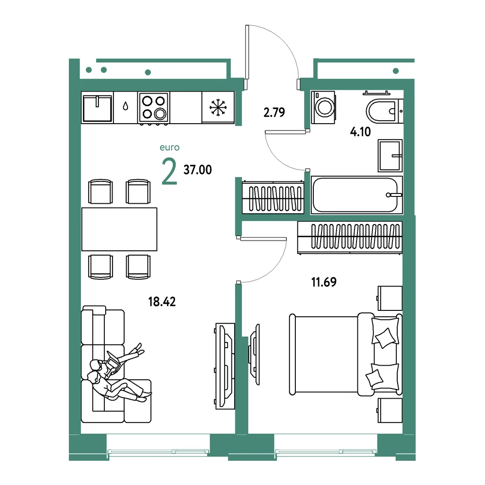 Планировка: Домашний 2-комнатная 37,00м²