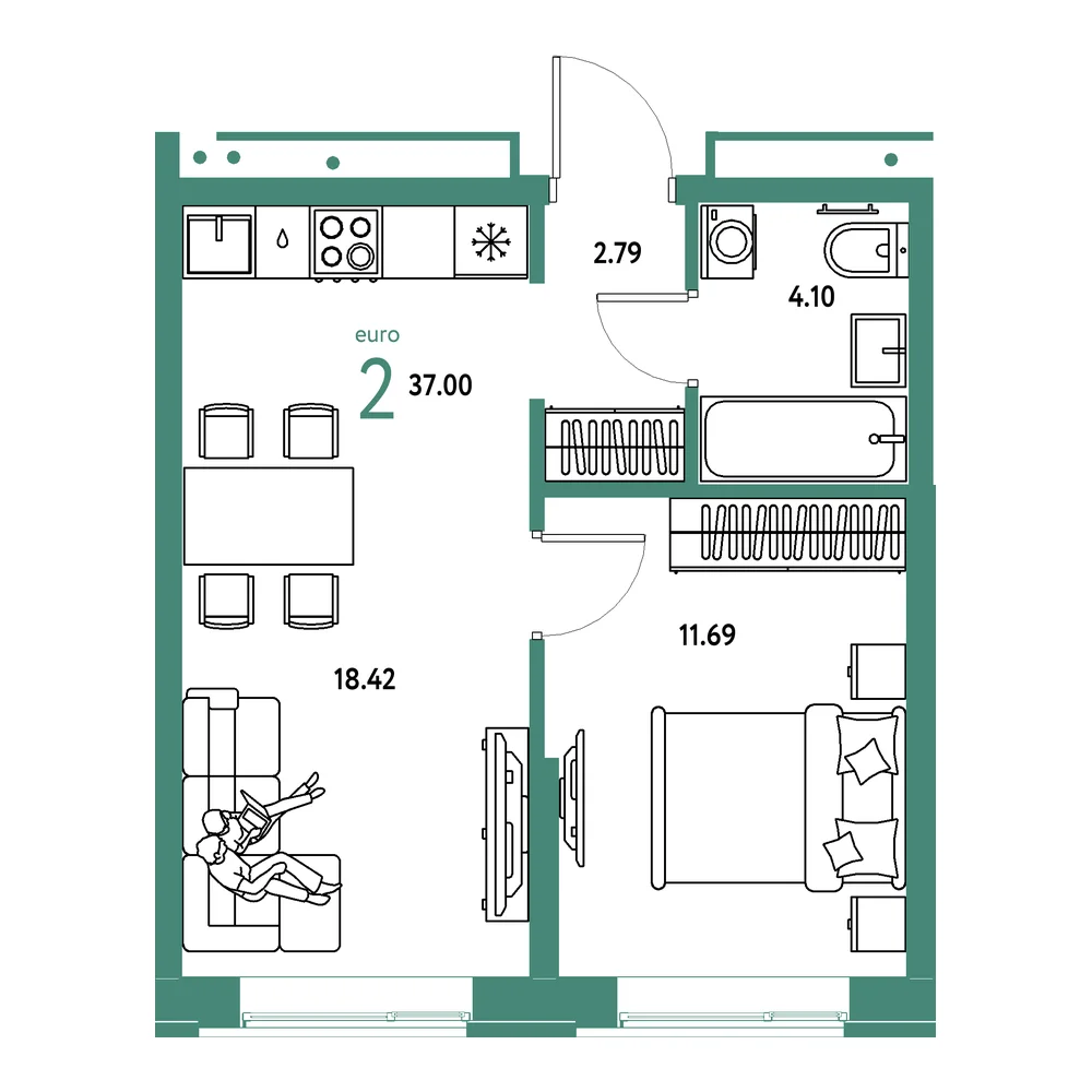 Планировка: Домашний 2-комнатная 37,00м²