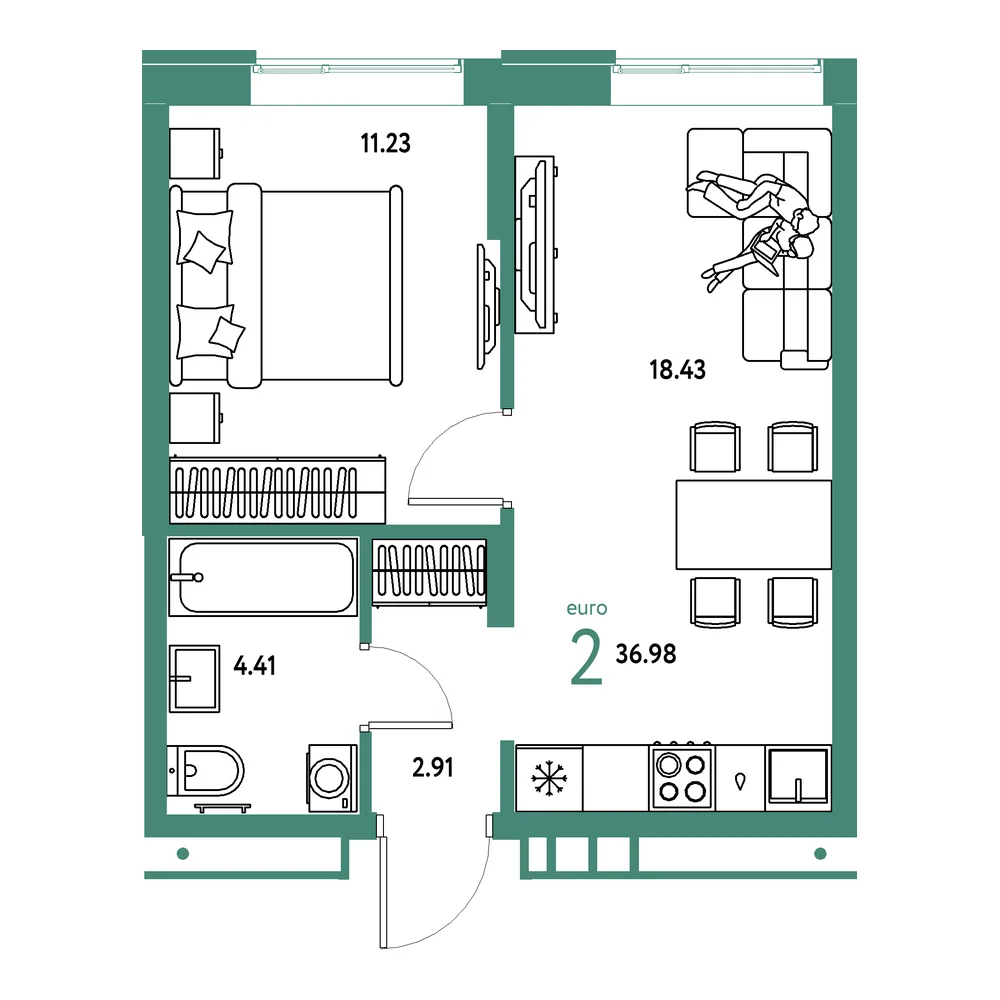Планировка: Домашний 2-комнатная 36,98м²