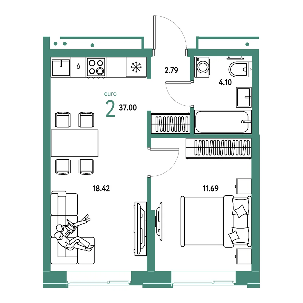 Планировка: Домашний 2-комнатная 37,00м²