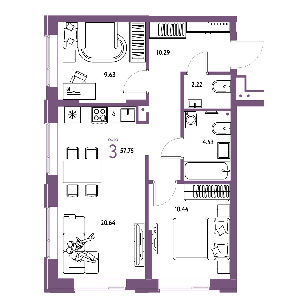 Планировка: Домашний 3-комнатная 57,75м²