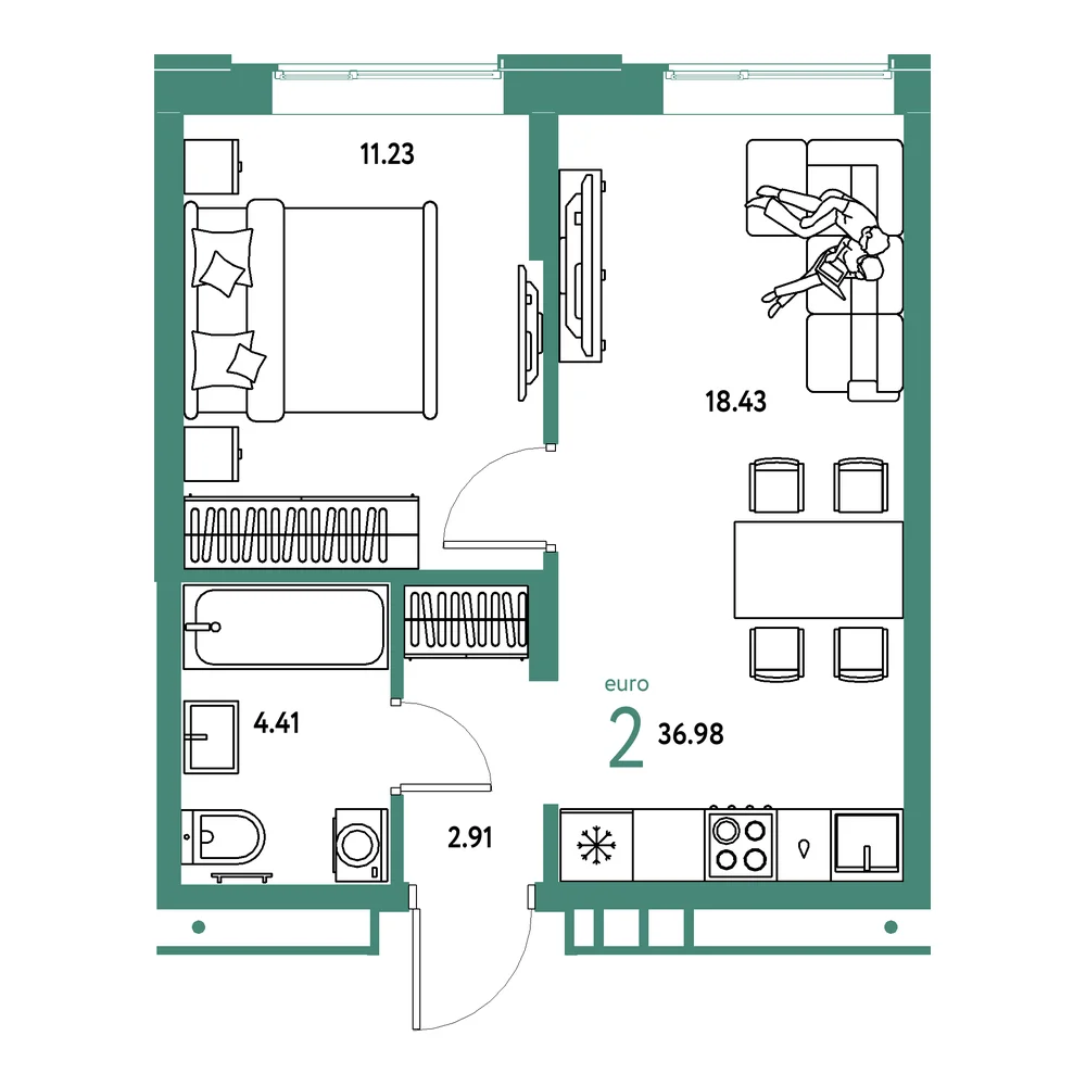 Планировка: Домашний 2-комнатная 36,98м²