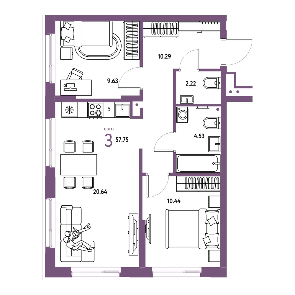 Планировка: Домашний 3-комнатная 57,75м²