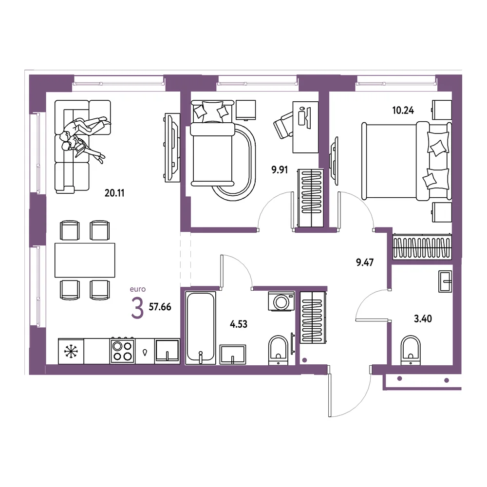 Планировка: Домашний 3-комнатная 57,66м²