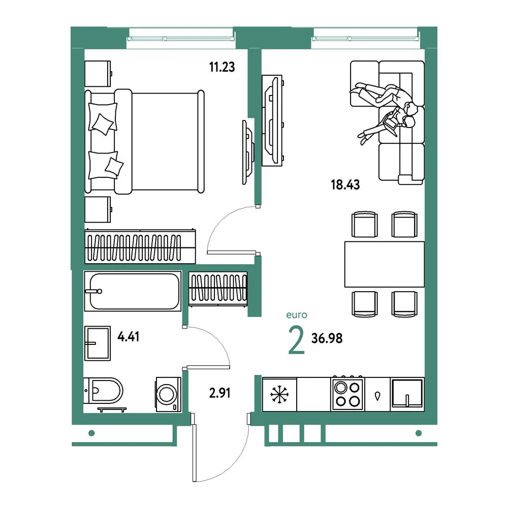 Планировка: Домашний 2-комнатная 36,98м²