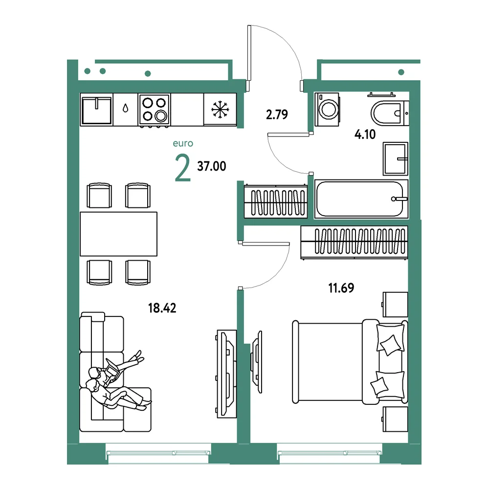 Планировка: Домашний 2-комнатная 37,00м²