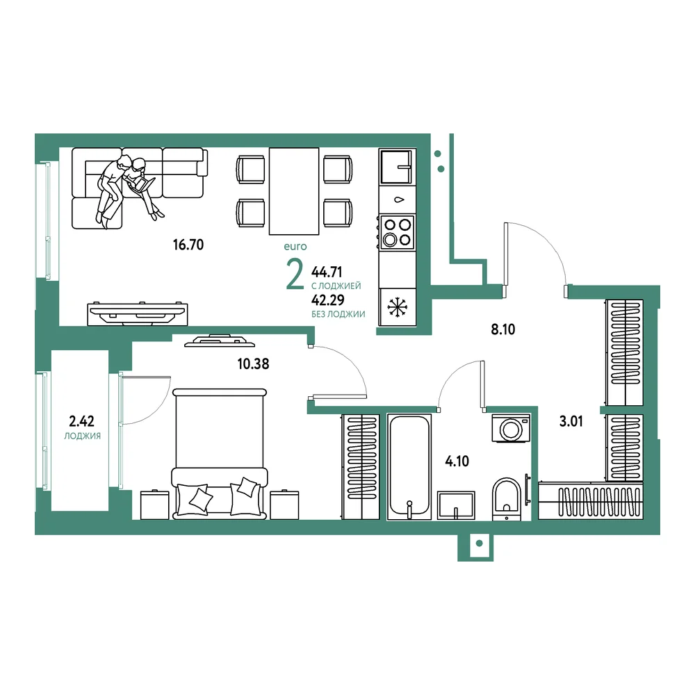 Планировка: Домашний 2-комнатная 44,71м²