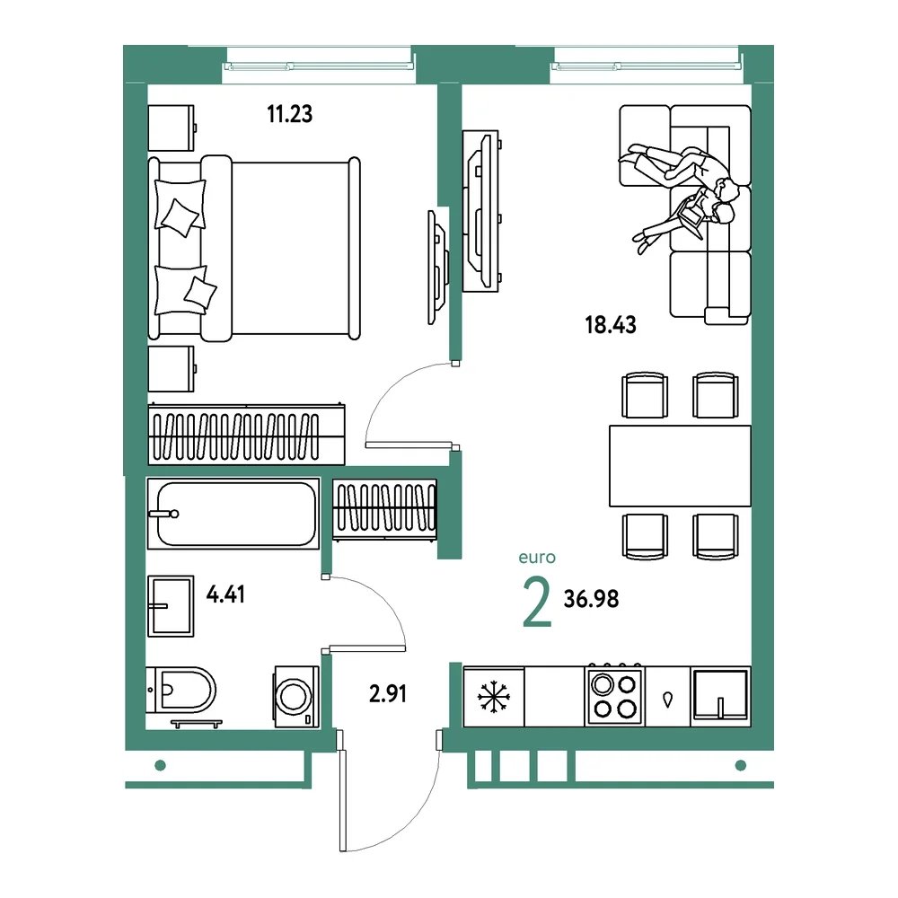 Планировка: Домашний 2-комнатная 36,98м²