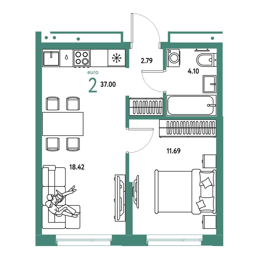 Планировка: Домашний 2-комнатная 37,00м²