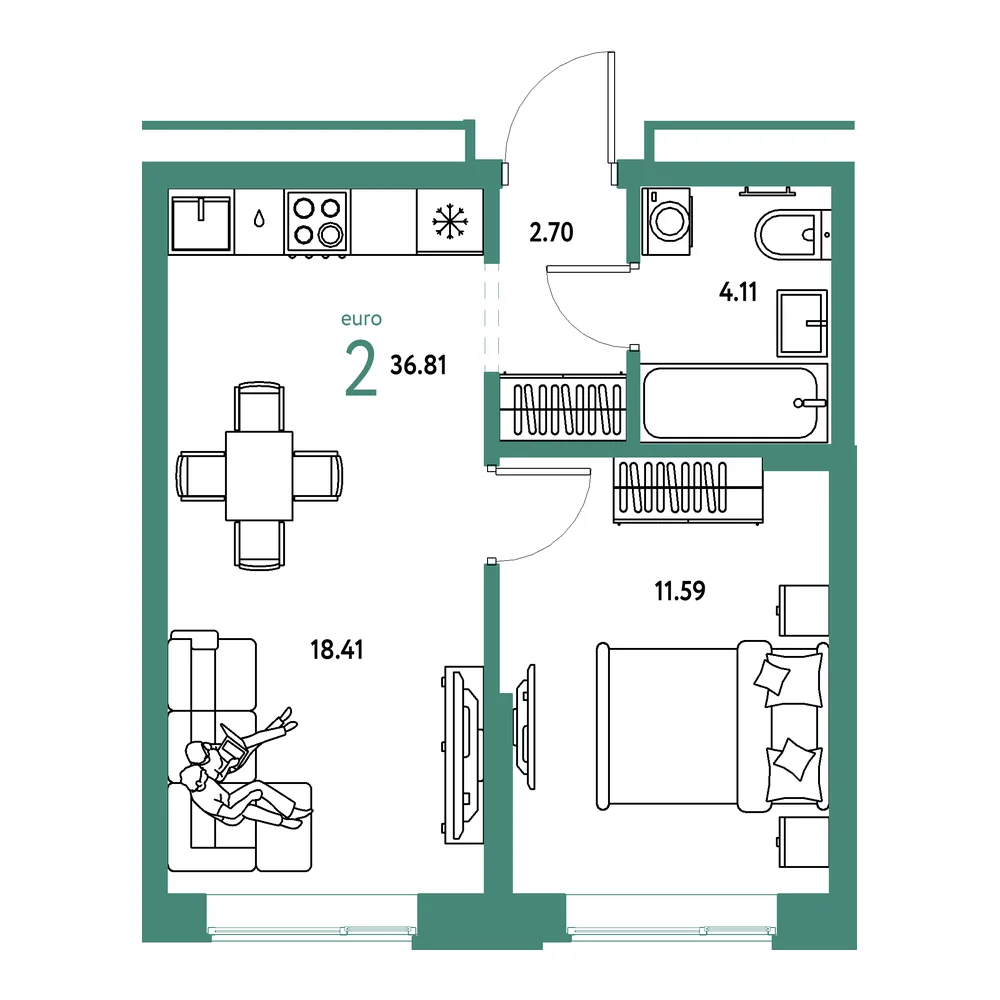 Планировка: Домашний 2-комнатная 36,81м²