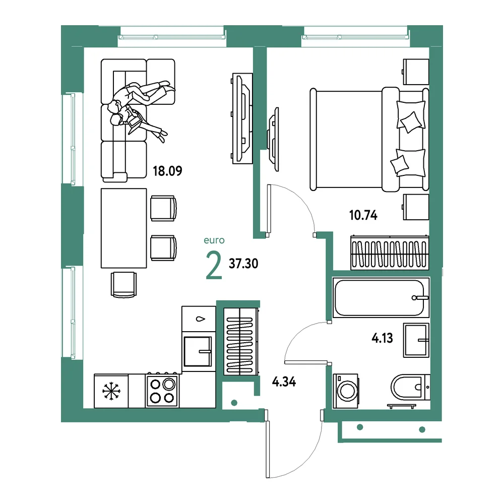 Планировка: Домашний 2-комнатная 37,30м²