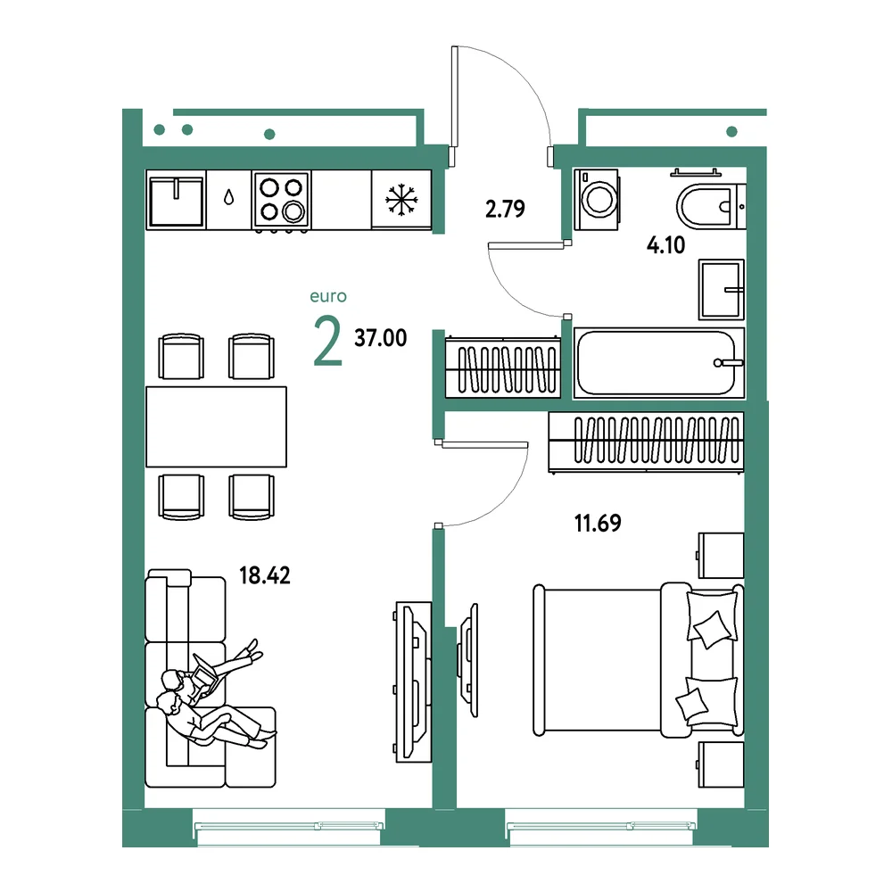 Планировка: Домашний 2-комнатная 37,00м²