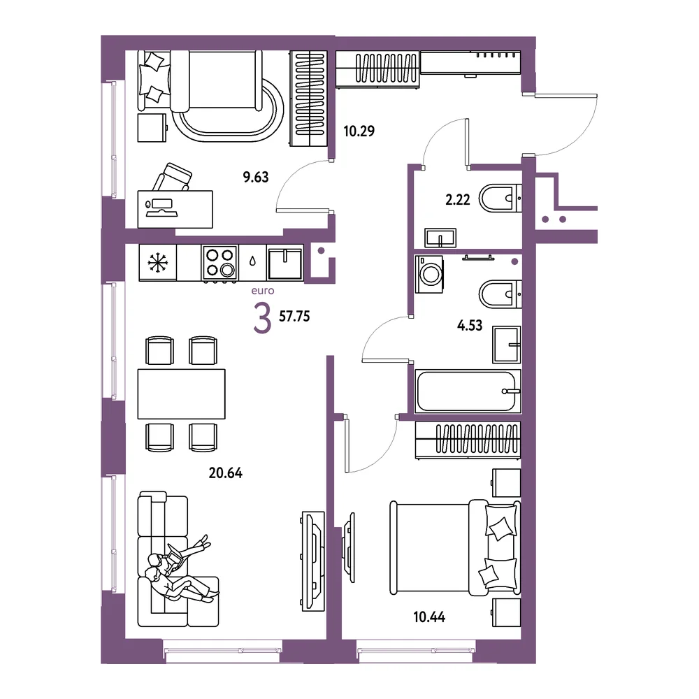 Планировка: Домашний 3-комнатная 57,75м²