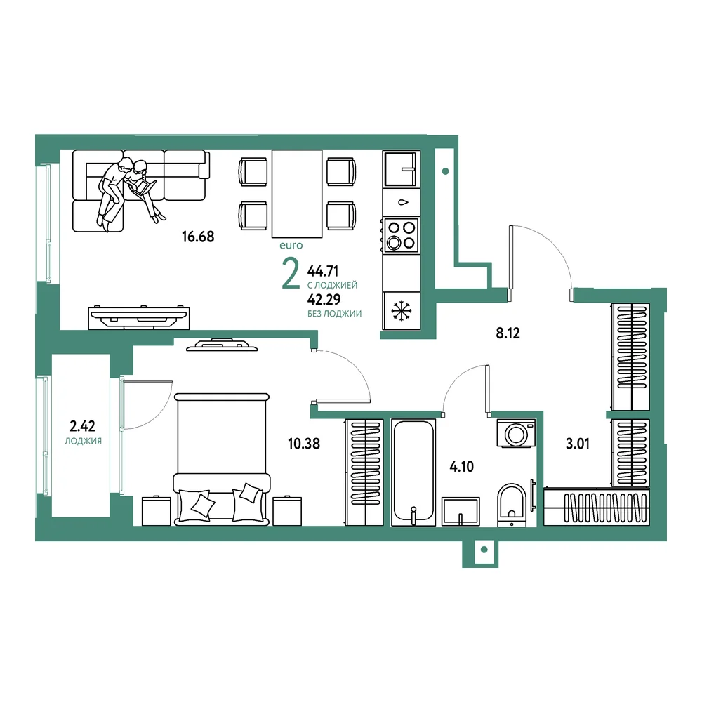 Планировка: Домашний 2-комнатная 44,71м²