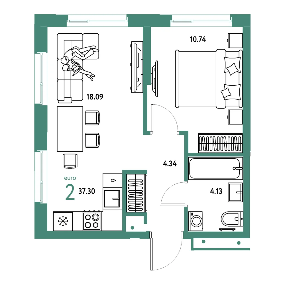 Планировка: Домашний 2-комнатная 37,30м²