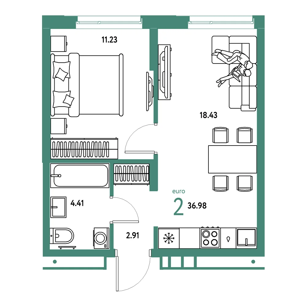 Планировка: Домашний 2-комнатная 36,98м²