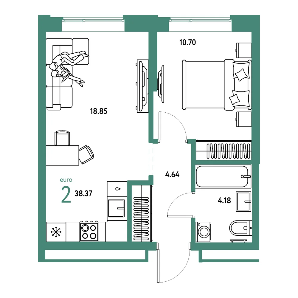 Планировка: Домашний 2-комнатная 38,37м²