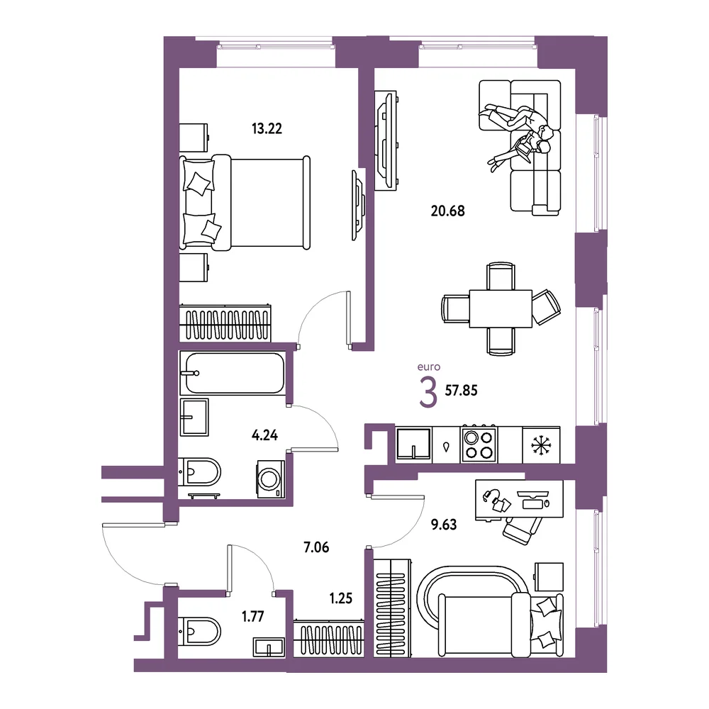 Планировка: Домашний 3-комнатная 57,85м²